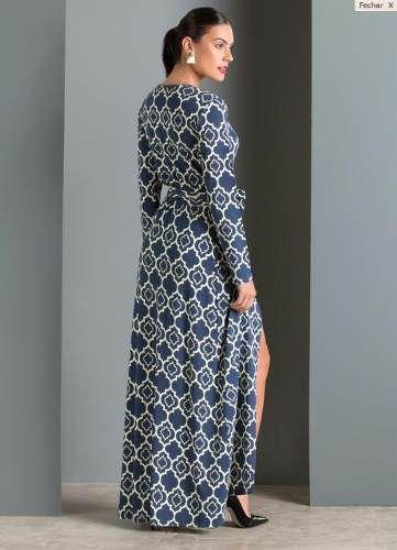 vestido longo envelope cachequer transpassado fenda perna