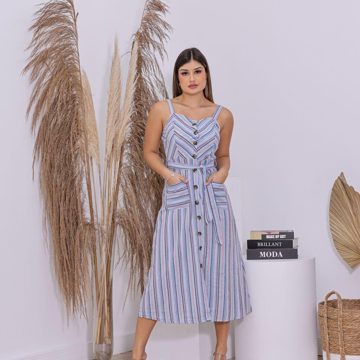 Vestido Feminino Vestido Listrado Com Cardigan Vestido Midi