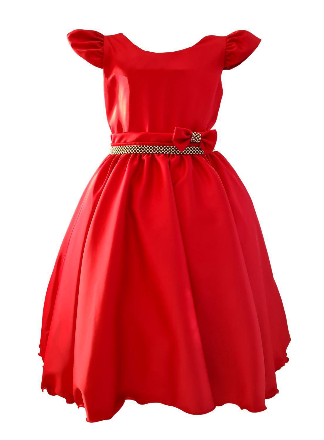 Vestido Infantil Cetim Bucol Vermelho Brilho Festa Casamento JL