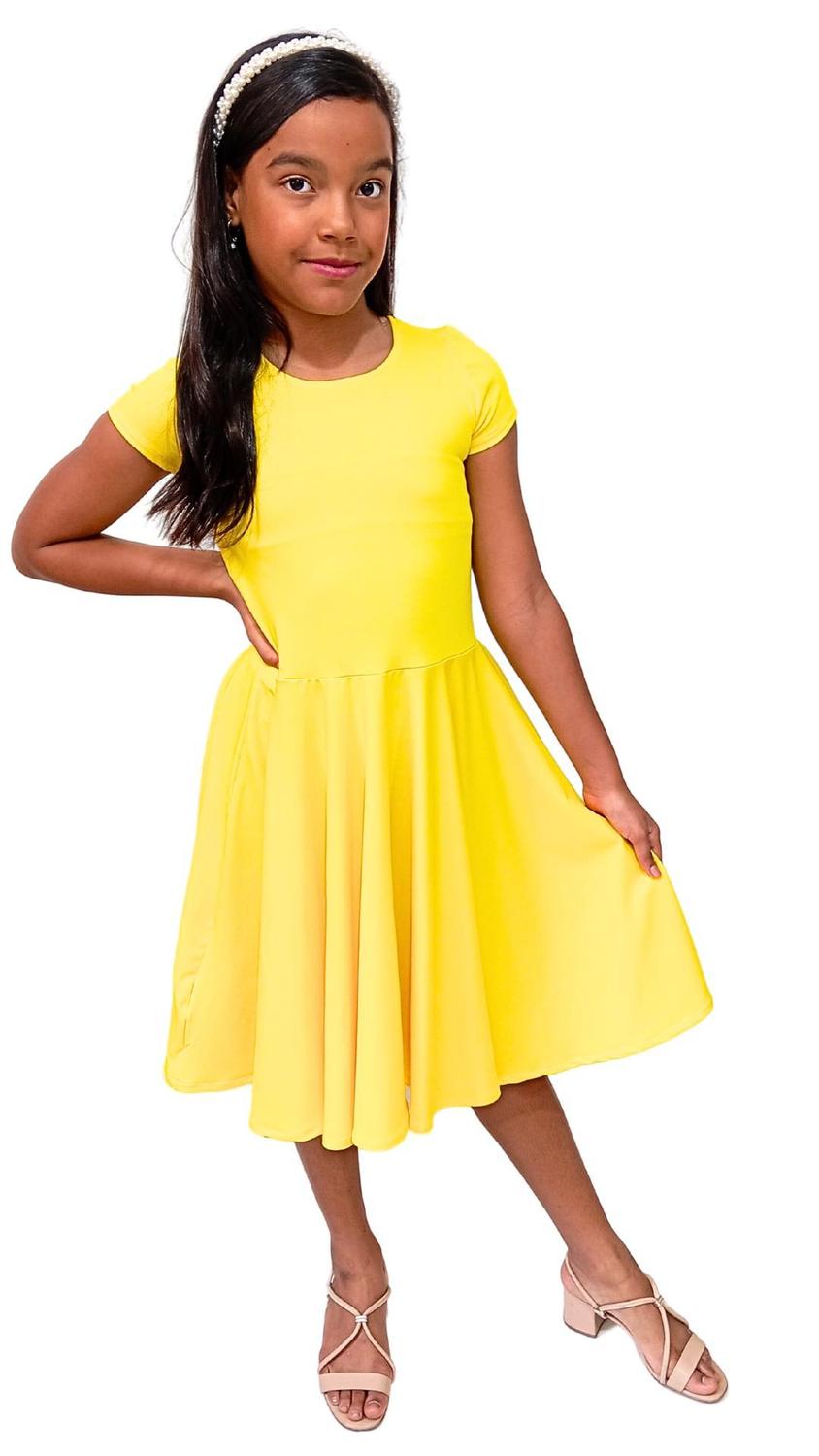 Vestido Infantil Gode Rodado Com Manga Moda Evangélica Amarelo