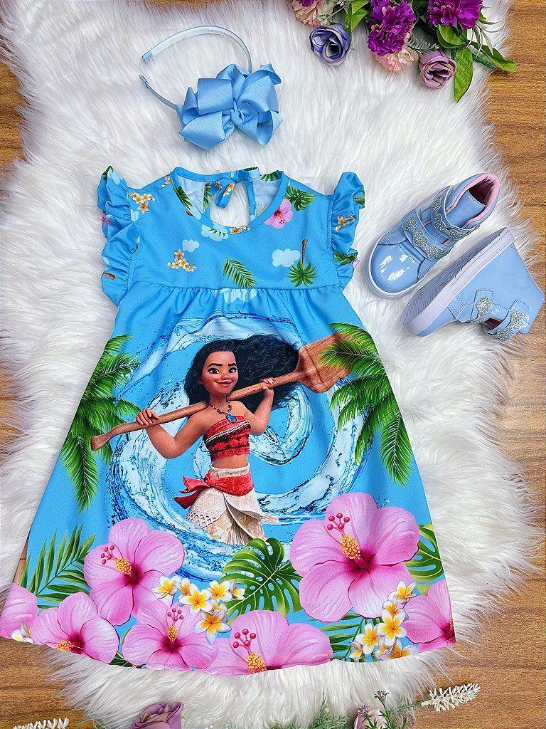 Vestido Infantil Trapézio da Moana Azul Manga Flu-Flu Fabuloso