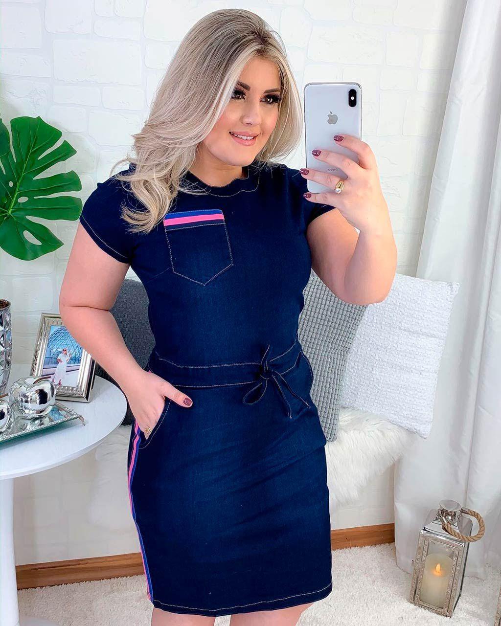 vestido jeans com listra do lado