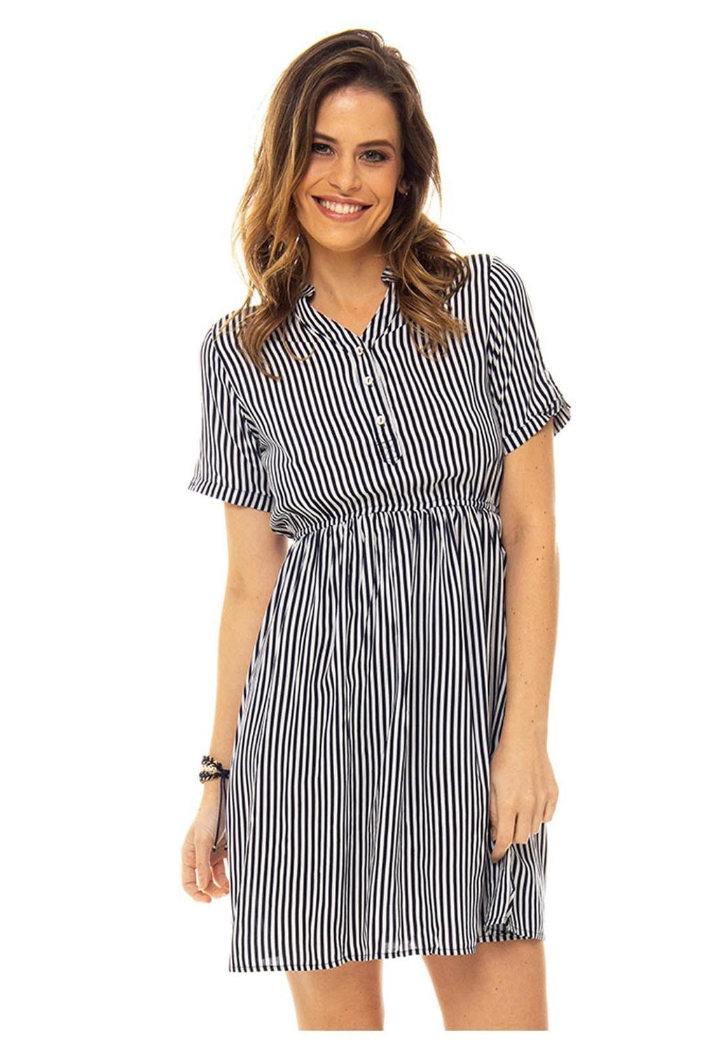 vestido listrado azul e branco curto