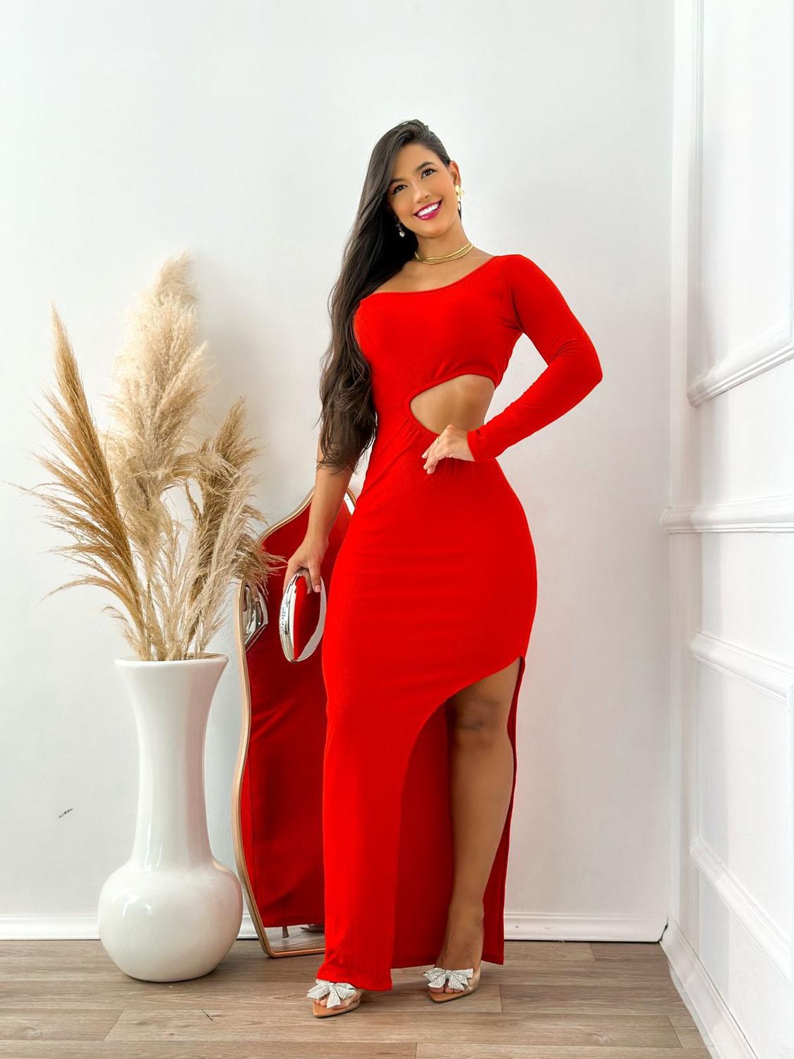 Fenda Longo Vestido Vermelho Com Manga Longa Vestido Vermelho