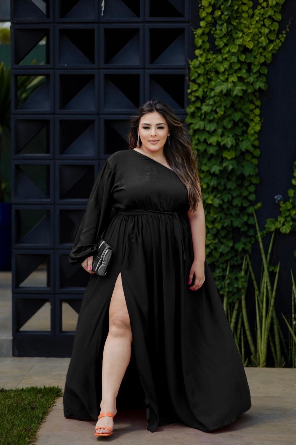 Plus Size Vestido Com Manga Preto Vestido Longo Com Fenda Plus