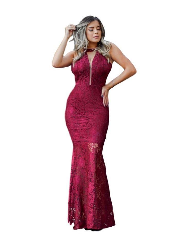 vestido longo de renda marsala
