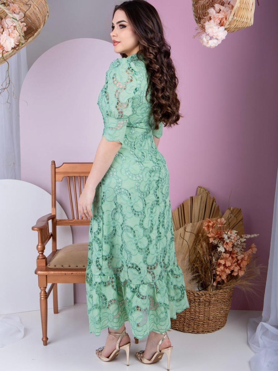 Vestido Verde Longo Manga Bufante Vestido De Madrinha Modesto