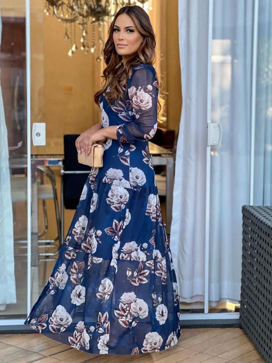 Casamento Convidada Vestido Estampado Longo Casamento Vestido Midi - Main Image