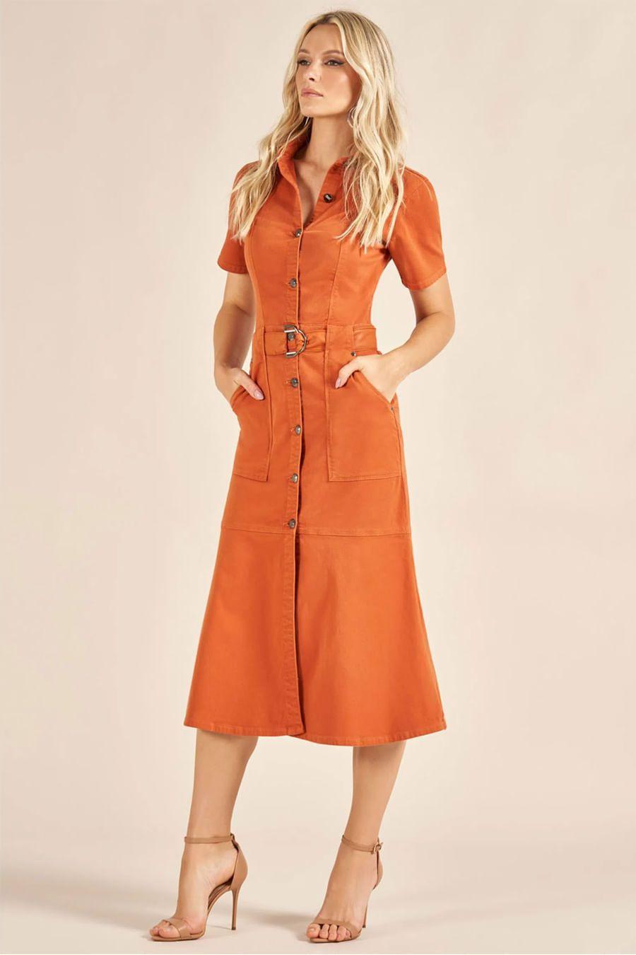 Vestido Midi Acostamento Sarja Manga Curta Laranja - Vestido Feminino -  Magazine Luiza