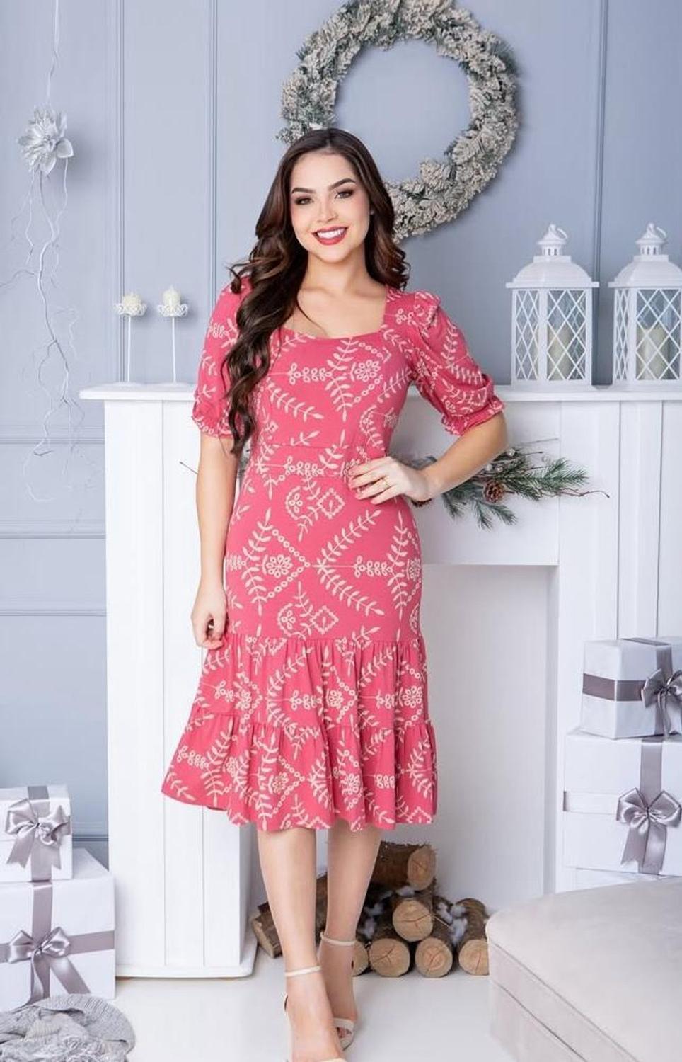 Moda Evangélica Vestido Decote Princesa Vestido Midi Estampado