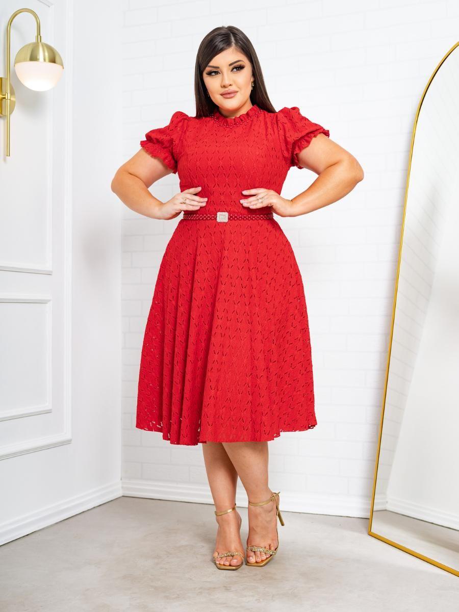 Beleza Vestido Midi Vermelho Rodado Vestido Midi Rodado Godê Com