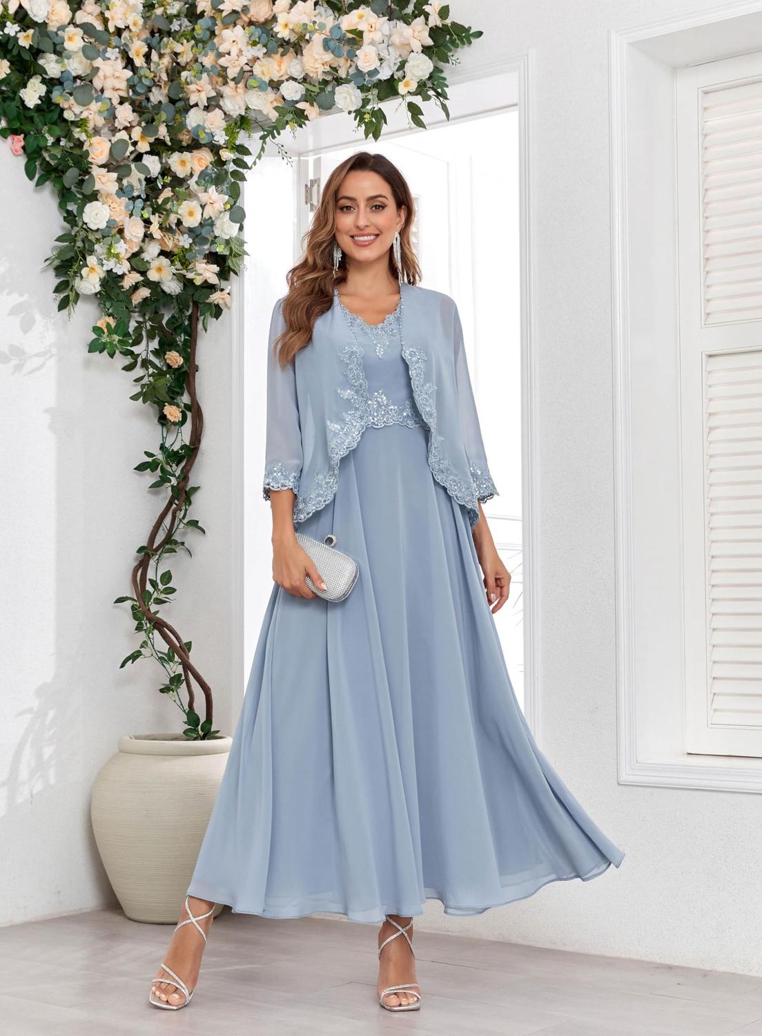 Vestido Mother of The Bride CDSSL A Line com jaqueta azul claro