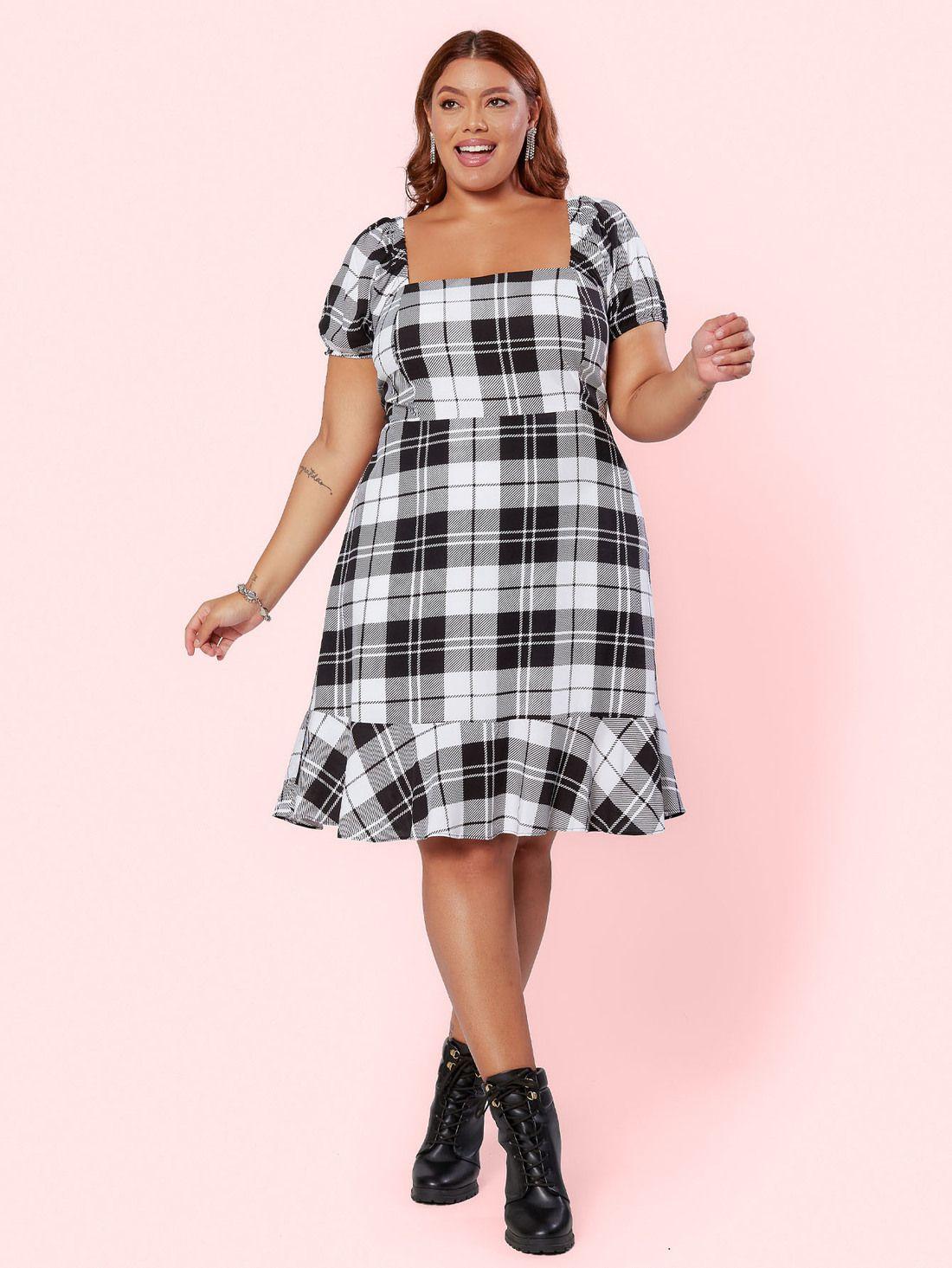 Plus Size Vestido Xadrez Transpassado Sale Vestidos Xadrez Plus