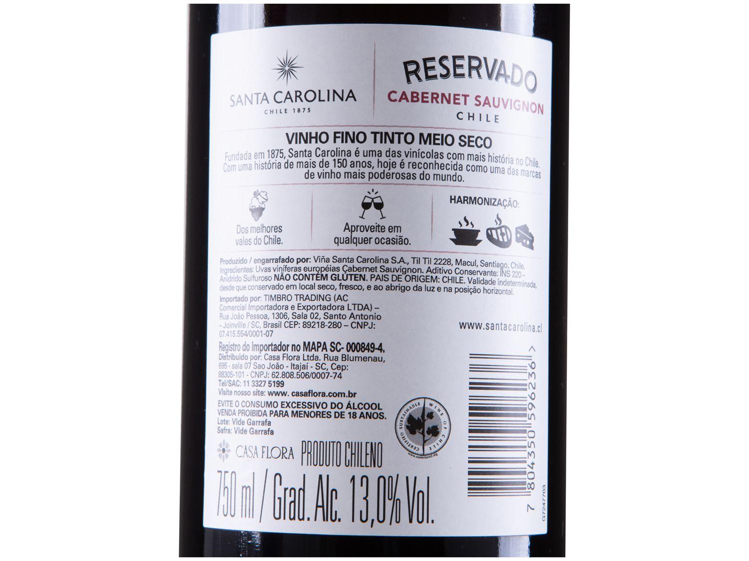 Vinho Tinto Meio Seco Santa Carolina Reservado Cabernet Sauvignon Chile 750ml