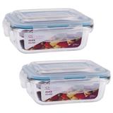 2 Potes Hermético Retangular Vidro Borosilicato Tampa 4 Travas Marmita Micro-ondas 370ML - Click Glass