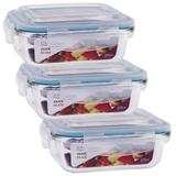 3 Potes Hermético Retangular Vidro Borosilicato Tampa 4 Travas Marmita Micro-ondas 370ML - Click Glass