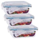 3 Potes Hermético Retangular Vidro Borosilicato Tampa 4 Travas Marmita Micro-ondas 640ML - Click Glass