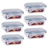 6 Potes Hermético Retangular Vidro Borosilicato Tampa 4 Travas Marmita Micro-ondas 370ML - Click Glass