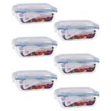 6 Potes Hermético Retangular Vidro Borosilicato Tampa 4 Travas Marmita Micro-ondas 640ML - Click Glass