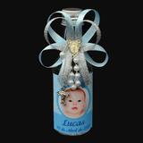 A1-Lembrancinha de Batizado Garrafa 50ml c/ Foto e Tercinho Menino - Vem festejar