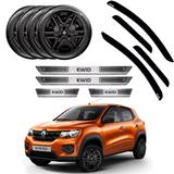 Acessórios para kwid life intense calota preto fosco + soleira + calha alto relevo renault