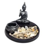 Altar de Buda com Jardim de Pedra e Castiçal Prateado - Mandala de luz
