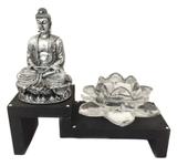 Altar Estátua de Buda Prateado Castiçal Flor de Lótus Vidro 18cm - Mandala de luz