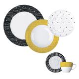 Aparelho De Jantar 20 Peças Honey Branco Com Preto E Amarelo Germer