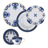 Aparelho De Jantar 30 Peças Porcelana Porto Branco E Azul Germer