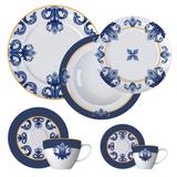 Aparelho De Jantar 42 Peças Porcelana Porto Branco E Azul Germer