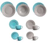 Aparelho de Jantar Cinza e Azul Poppy Porto Brasil Esparta com 42 Peças