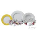Aparelho de Jantar e Chá Porcelana Schmidt 30 Peças - Dec. Aquarela Amarelo