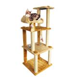 Arranhador para Gatos Super 3 Andares 51x130 + 2 Comedouros Caramelo e Bege Mimos de Bichos