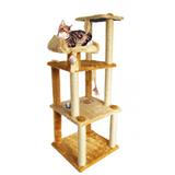 Arranhador para Gatos Super 3 Andares 51x130 + 2 Comedouros Caramelo e Bege Mimos de Bichos