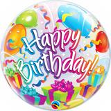 Balao bubble transparente 22" happy birthday! com balões e presentes - 56 cm - Qualatex
