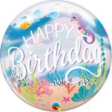 Balao bubble transparente 22" happy birthday com sereia - 56 cm - Qualatex