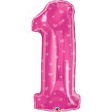 Balão metalizado 38" numero um coração rosa - 96cm - 1un - Qualatex