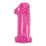 Balão metalizado 38 polegadas - número um rosa, com corações - qualatex