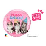 Balão metalizado redondo 18 polegadas - studio pets feliz aniversáiro com gatinhos - qualatex