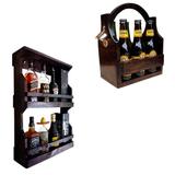 Bar de Parede Art Madeira Rústico 8 Garrafas 2 Andares + Cesta Porta Cervejas Long Necks 6 Garrafas - Arte em madeira