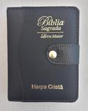 Bíblia Sagrada com harpa, índice, letra grande e botão - Preto - King cross