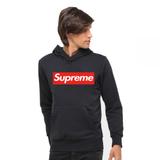 Blusa Moletom Capuz Bolso Canguru Preto Estampado "Supreme" - Clik da moda