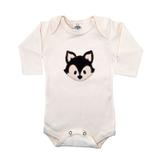 Body Manga Longa Baby Deluxe Bege Raposa Bordado