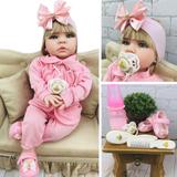 Boneca Bebê Reborn Loira Com Cílios Roupa Rosa 16 itens - Bebe reborn baby