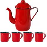 Bule Café Esmaltado 1,25 Litros + 4 Xícaras 70ml Tradiconal Vermelho - Metallouça