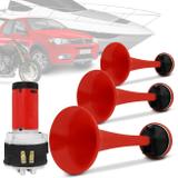 Buzina Eletropneumática de Ar 3 Cornetas Universal 12V Vermelha 2 Tons com Chave Acionadora - Vetor