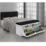 Cabeceira e Calçadeira Sapateira Mille 140 CM Branco Suede Liso Preto Milani Movelaria