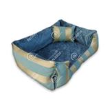Caminha PET Luxo Dupla Face em Tecido Jacquard Azul e Dourado Listrado e Suede Azul - Enrolado tecidos