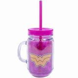 Caneca Com Tampa E Canudo Mulher Maravilha Rosa 420ml - Liga Da Justiça - Dc comics