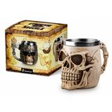 Caneca de Chopp Crânio Caveira Viking Resina e Aço Inox 450ml Brasfoot